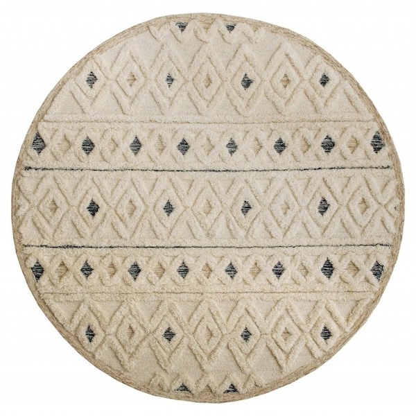 Homeroots 4 ft. Round Cream & Blue Stripe Diamond Area Rug 396176 - main
